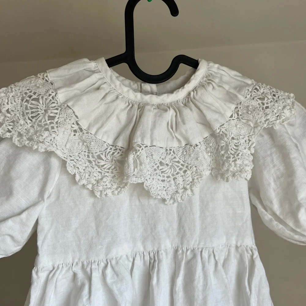 Vintage Paper White Dress Linen Cotton Lace Embroidery Cottagecore Kids Girls